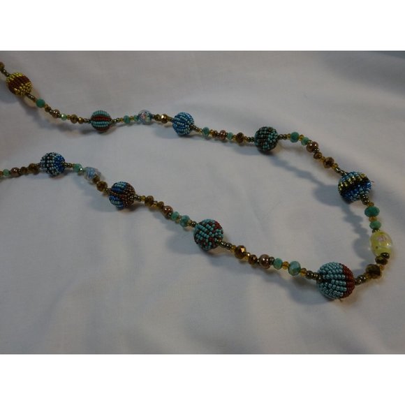 Seed Bead Ball & Murano Wedding Cake Jade Glass Stunning NECKLACE 40" long - Picture 8 of 11